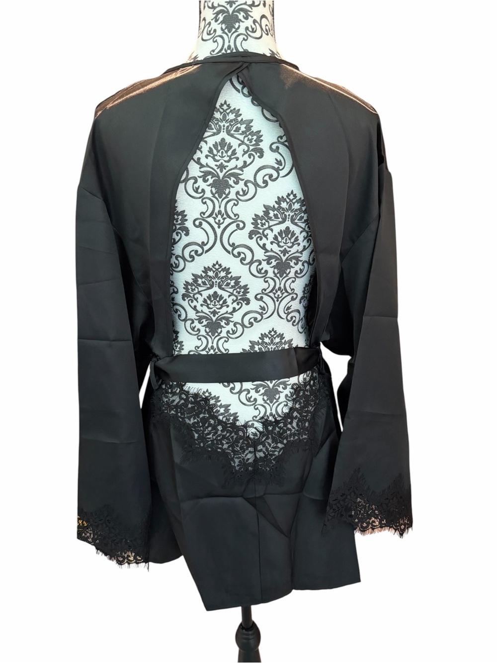 Black Satin Lace-Trim Robe - Picture 4 of 5